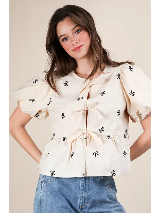 Front Tie Bow Embroidered Blouse Top