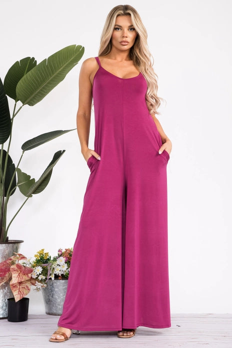 Spaghetti Strap Wide Leg Jumpsuit-MAGENTA