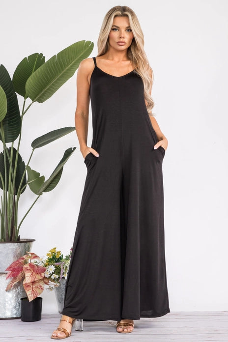 Spaghetti Strap Wide Leg Jumpsuit - BLACK