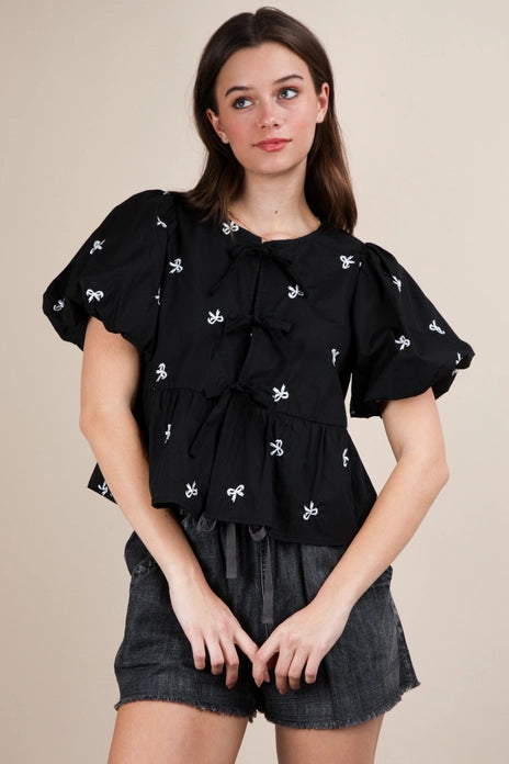 Front Tie Bow Embroidered Blouse Top - BLACK