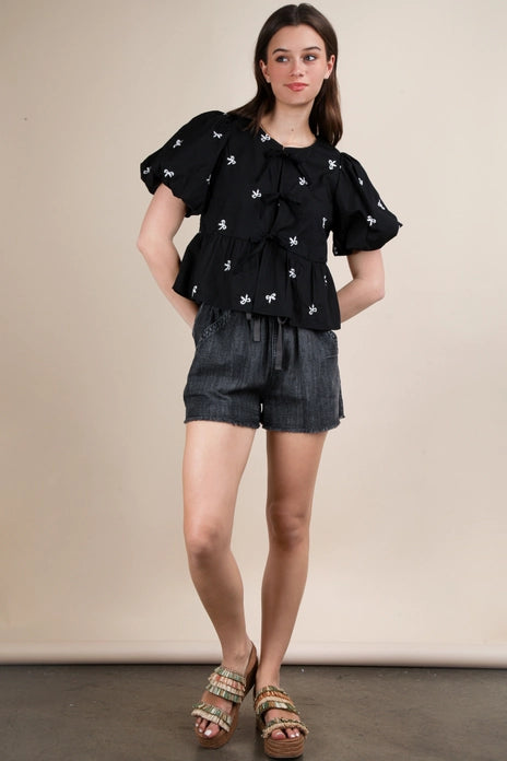 Front Tie Bow Embroidered Blouse Top - BLACK