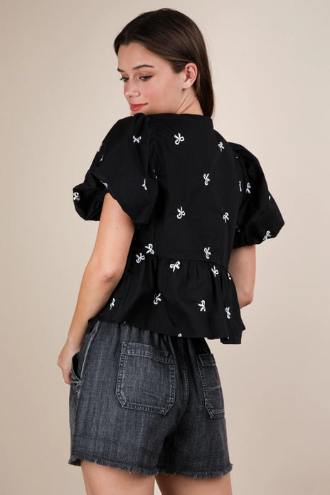 Front Tie Bow Embroidered Blouse Top - BLACK