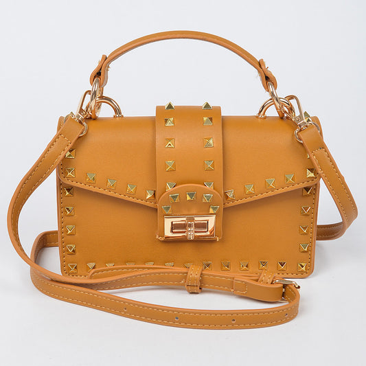 Studded Top Handle Clutch - CAMEL