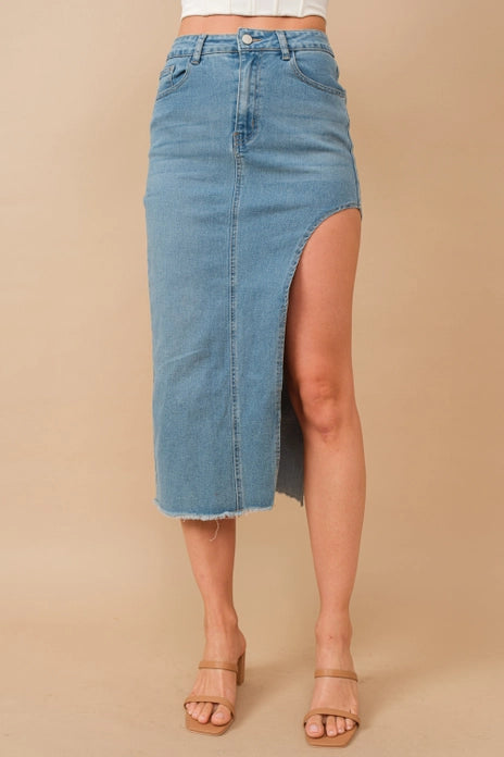 Frayed Edge Midi Denim Skirt